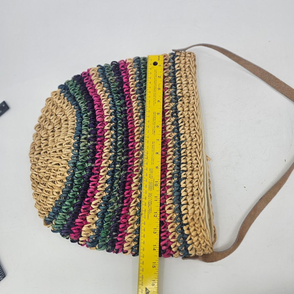 Vintage Crochet Cornhusk Leather Boho Beach Tote Bag Purse Striped Bohemian - Picture 4 of 8